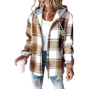 ChicMe Womens Plaid Hooded Shacket Sherpa Lined Button Front Grey Tan M